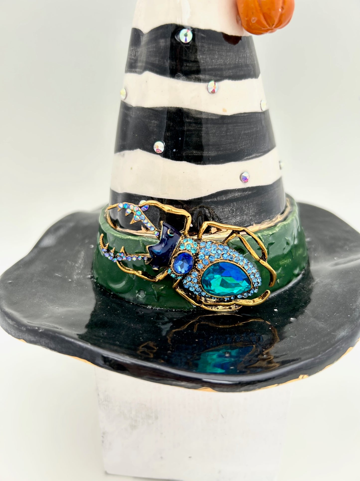 Black and White Striped Witch Hat with Green Band