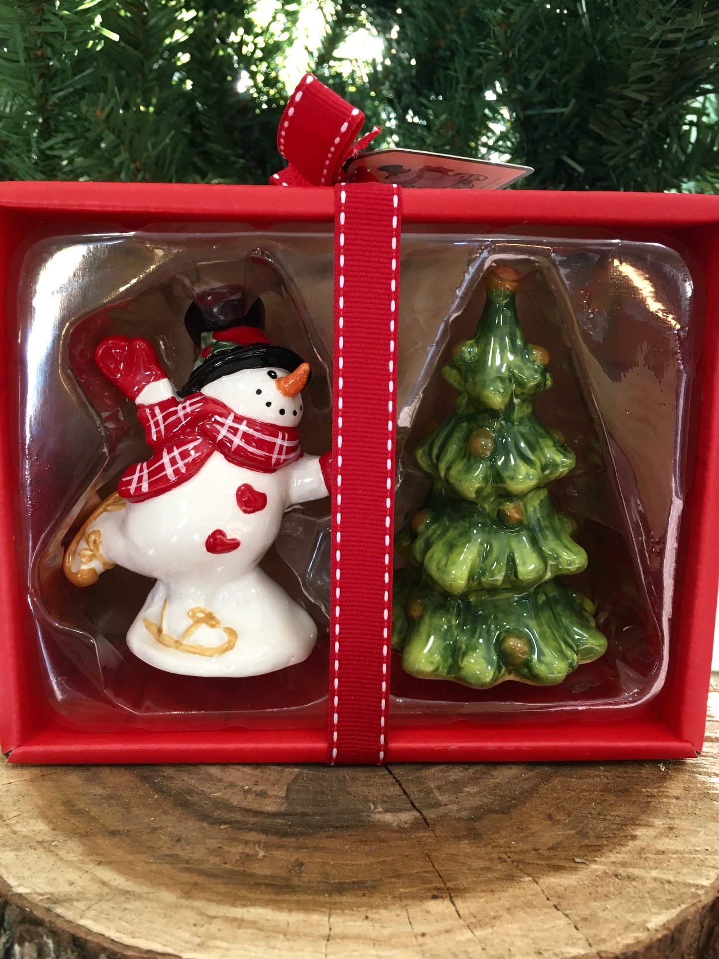 Skating Snowman and Tree Salt and Pepper Set