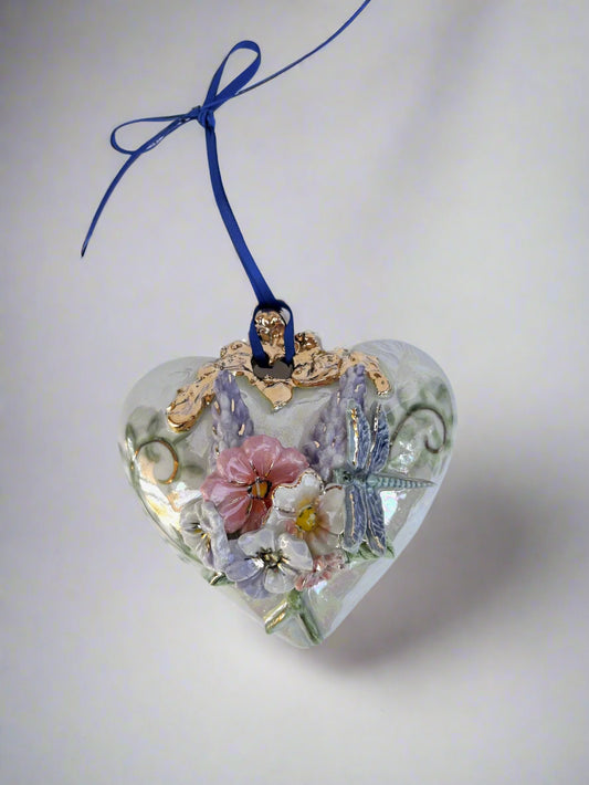 Floral and Dragonfly Puff Heart Hanger