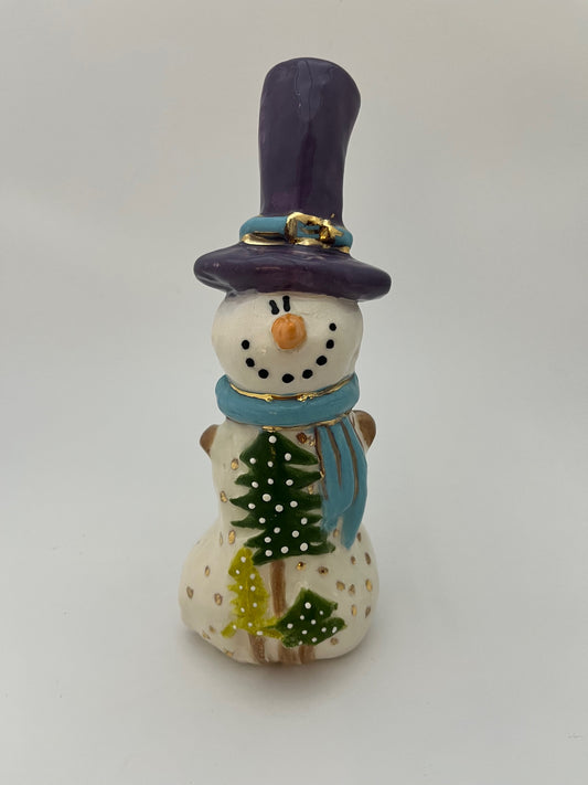 Holiday Snowman with Purple Hat and Blue Scarf