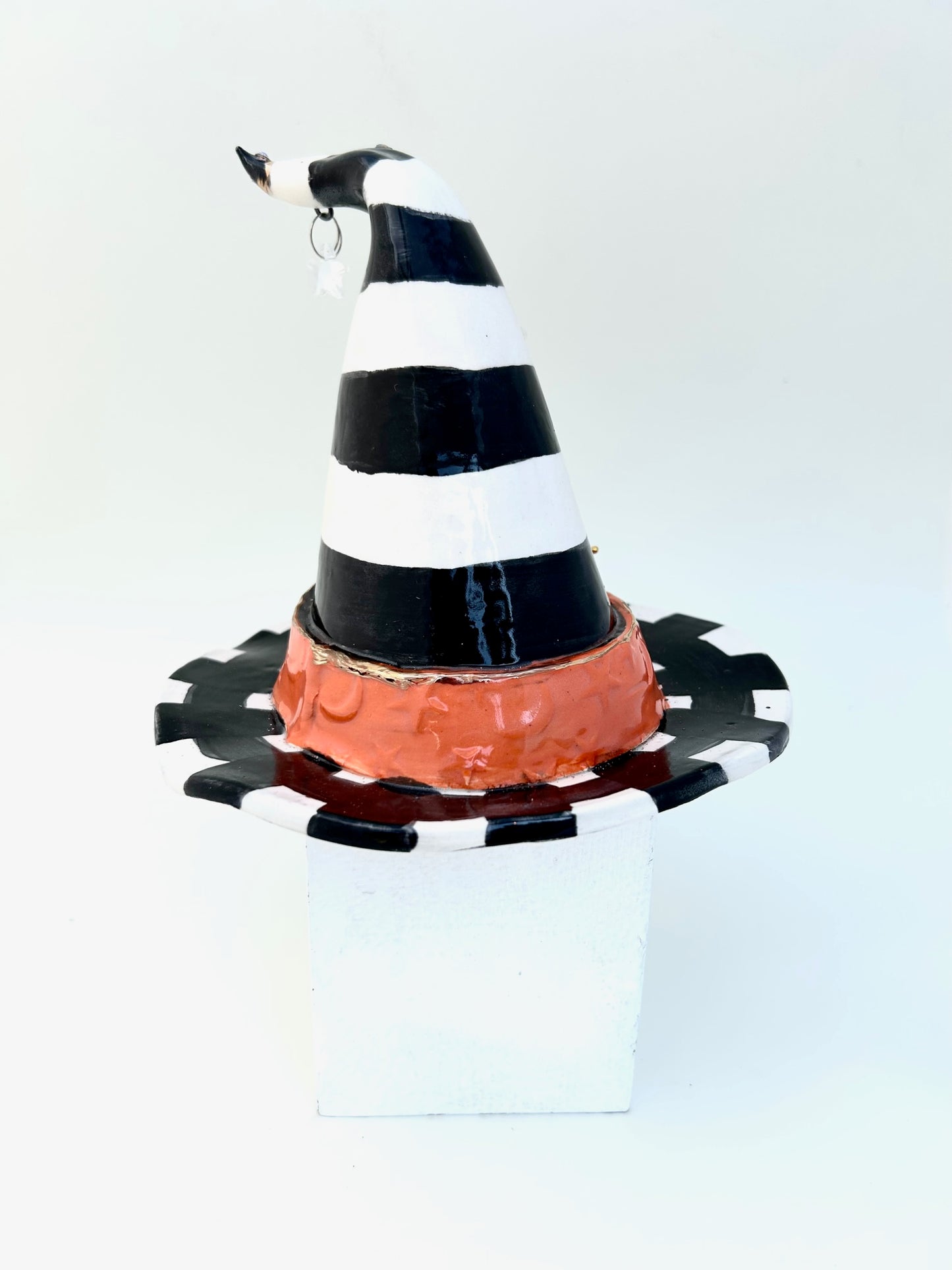 Black and White Striped Witch Hat with Orange Band