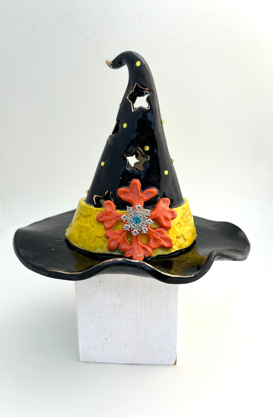 Yellow Band Witch Hat Battery Tea Light Holder