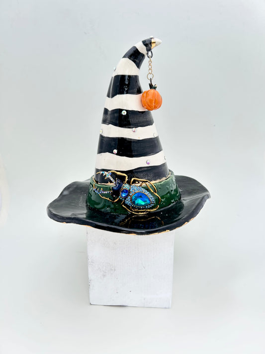 Black and White Striped Witch Hat with Green Band