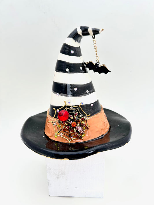 Black and White Striped Witch Hat with Orange Band