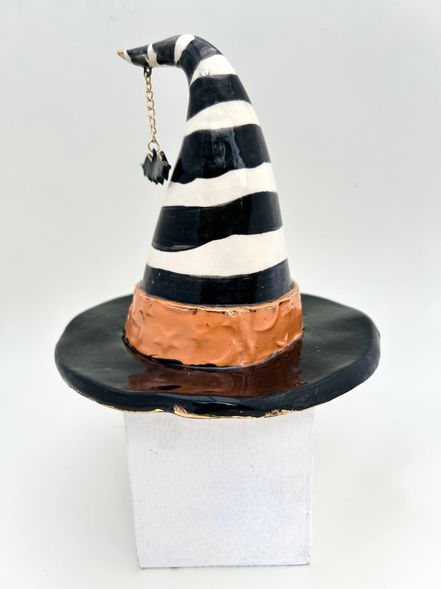 Black and White Striped Witch Hat with Orange Band