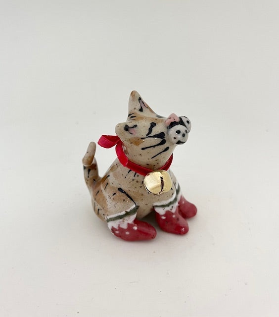 Christmas Stoneware Cat with Red Socks