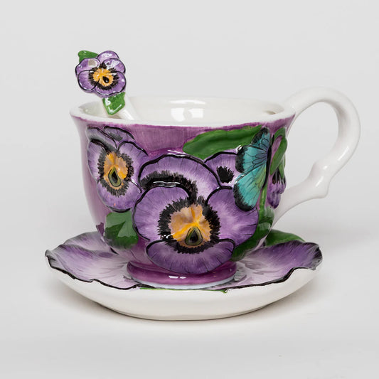 Pansy Teacup, Saucer and Spoon